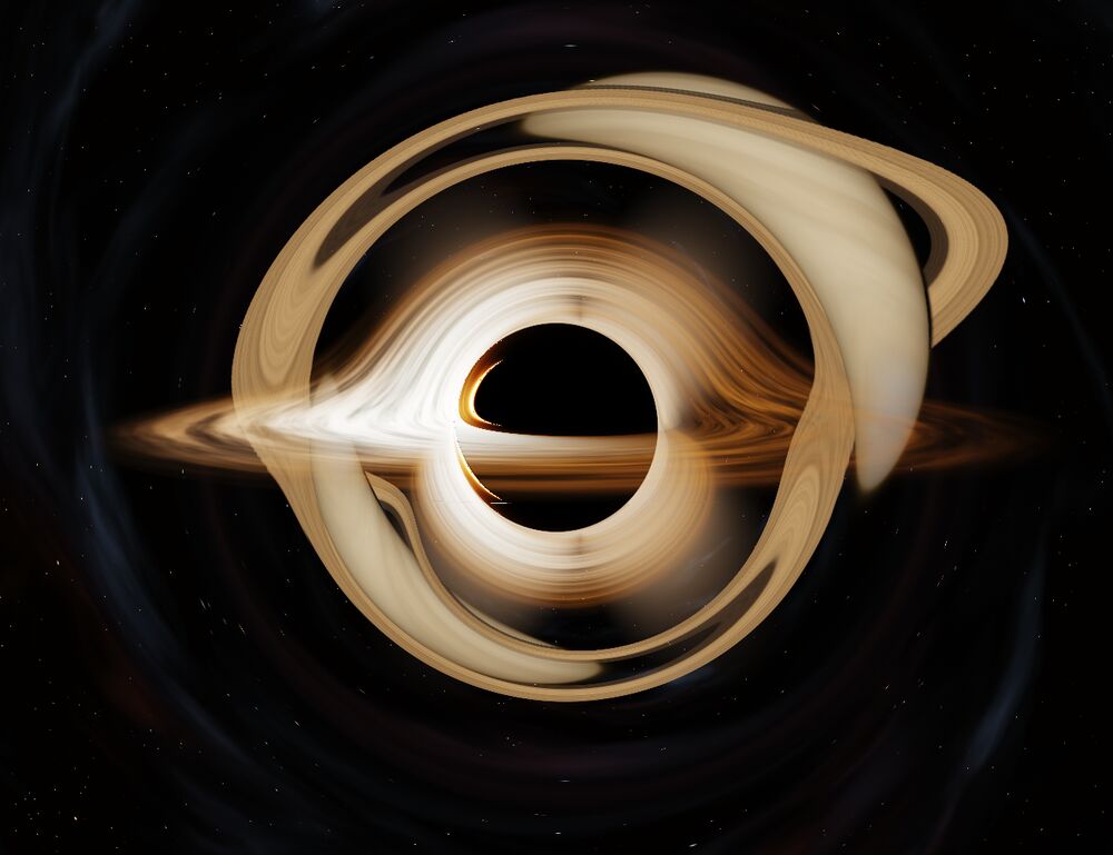 A ringed planet stretched into arcs around the black hole, preset Gargantua.