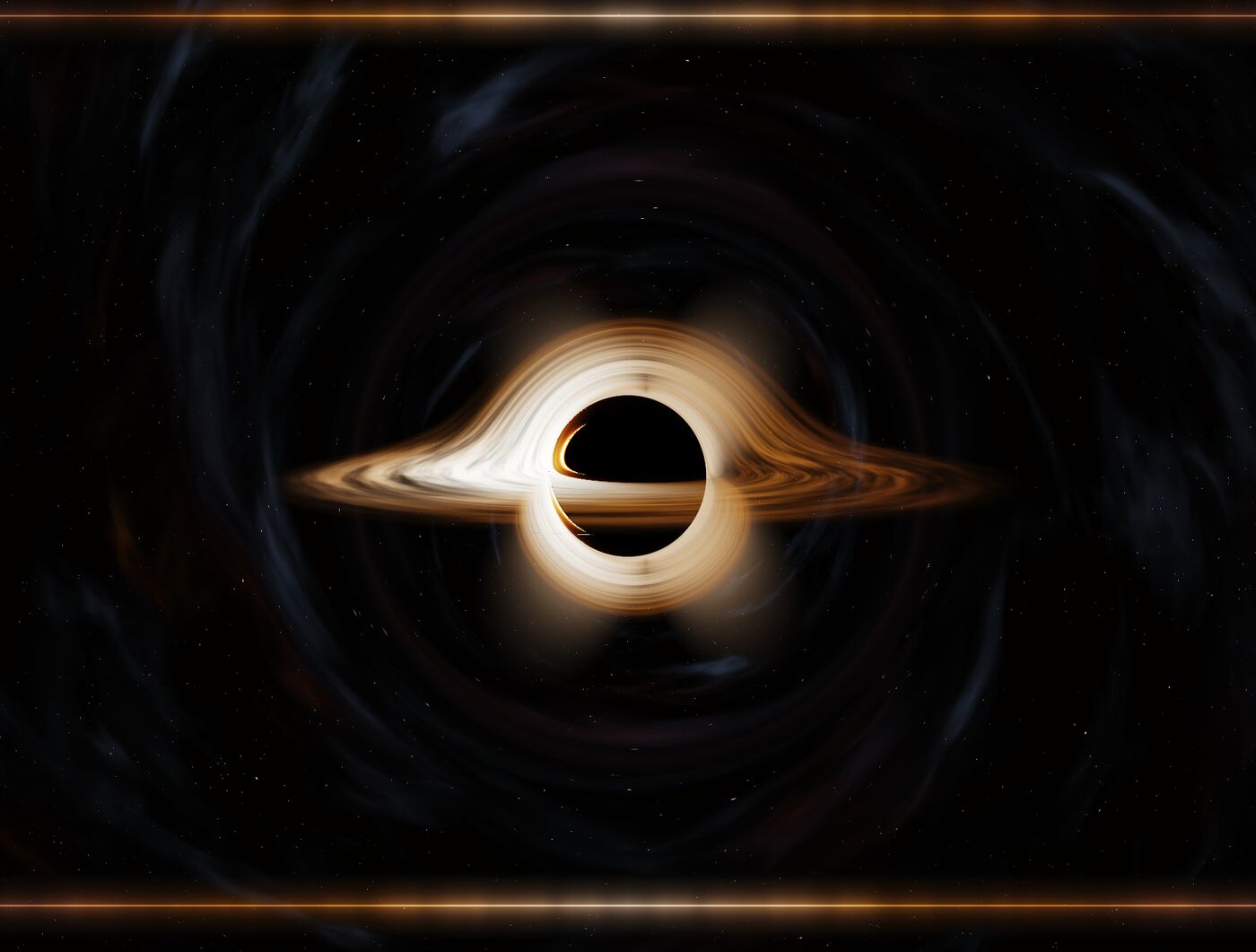 Still from the app, preset Gargantua: a black hole with a thin glowing disk, the far side of the disk bent up over the shadow.
