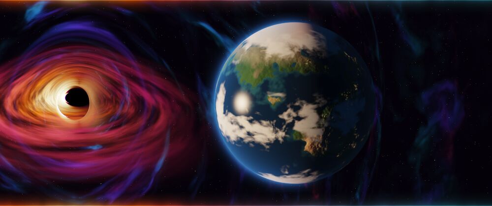 An Earth-like planet with clouds next to the black hole.