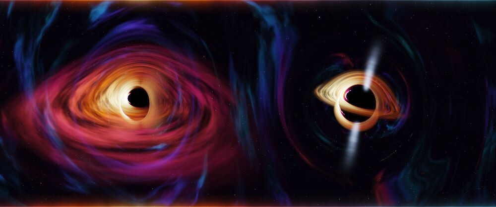 A smaller black hole with a disk and a jet next to the main one.
