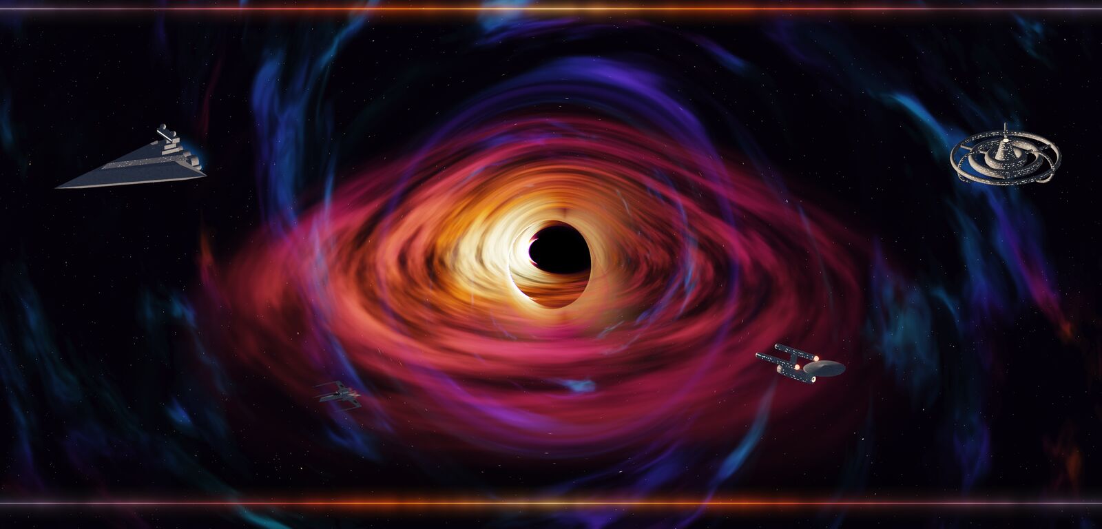Still from the app: the black hole with its magenta disk, a star destroyer, a starship and a space station around it.