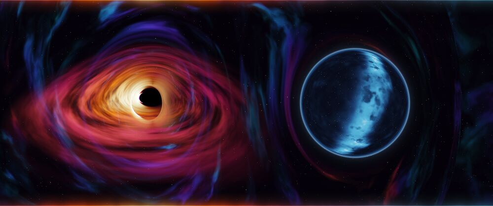 A sphere showing a different, cooler sky next to the black hole.
